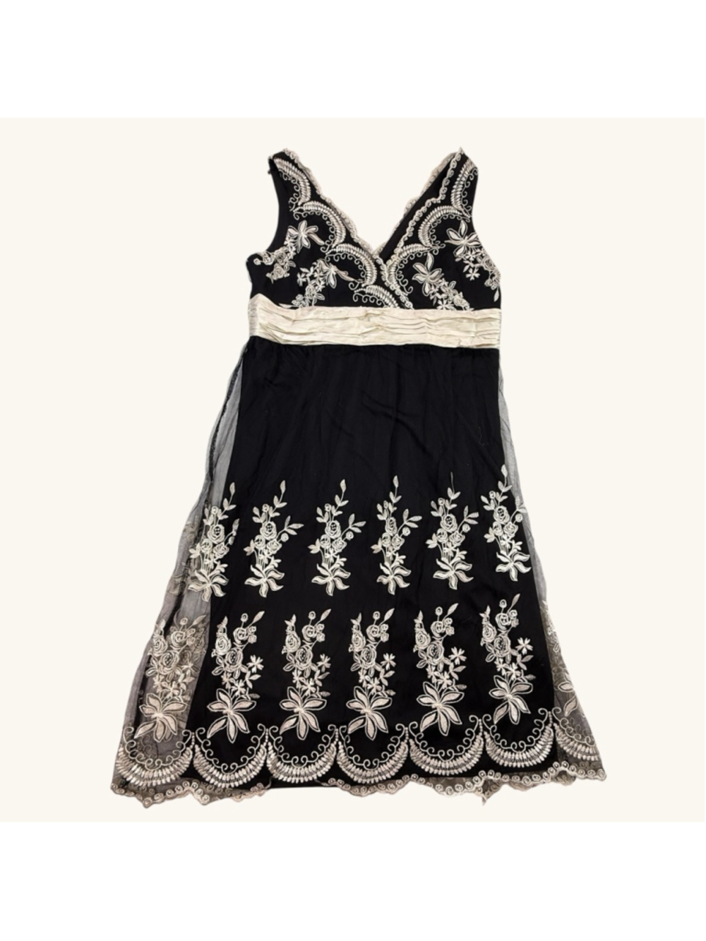 Donna Morgan Black Ivory Embroidered Formal Dress Size 14 Sleeveless Midi Occasi